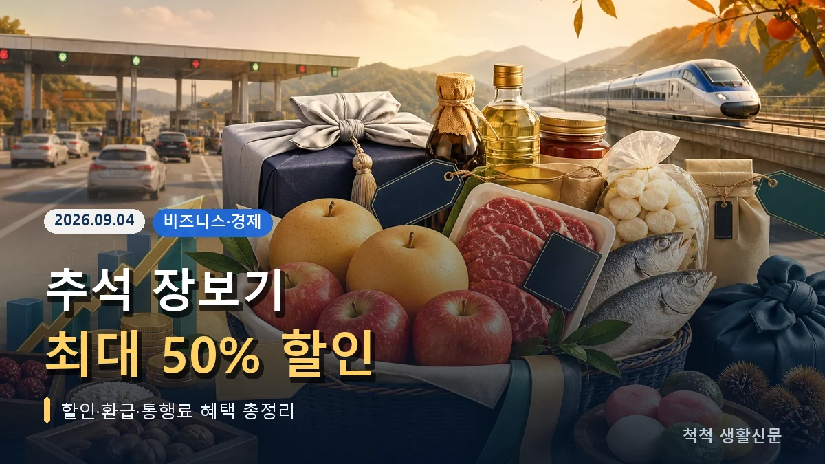 추석 장보기 최대 50퍼센트 할인 헤드라인과 장바구니·교통 혜택을 표현한 이미지
