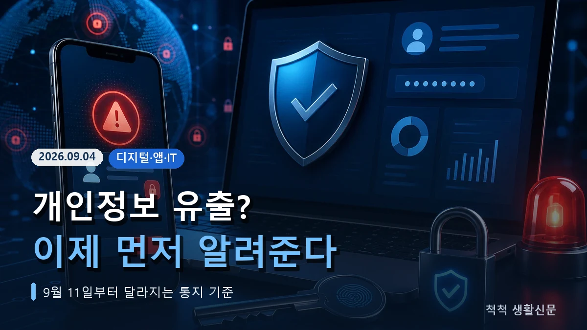 개인정보 유출, 이제 먼저 알려준다 헤드라인과 스마트폰 보안 경고를 표현한 이미지