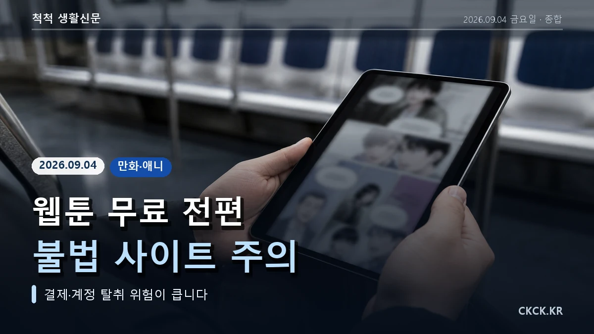 웹툰 무료 전편 불법 사이트 주의 헤드라인과 스마트폰을 표현한 이미지